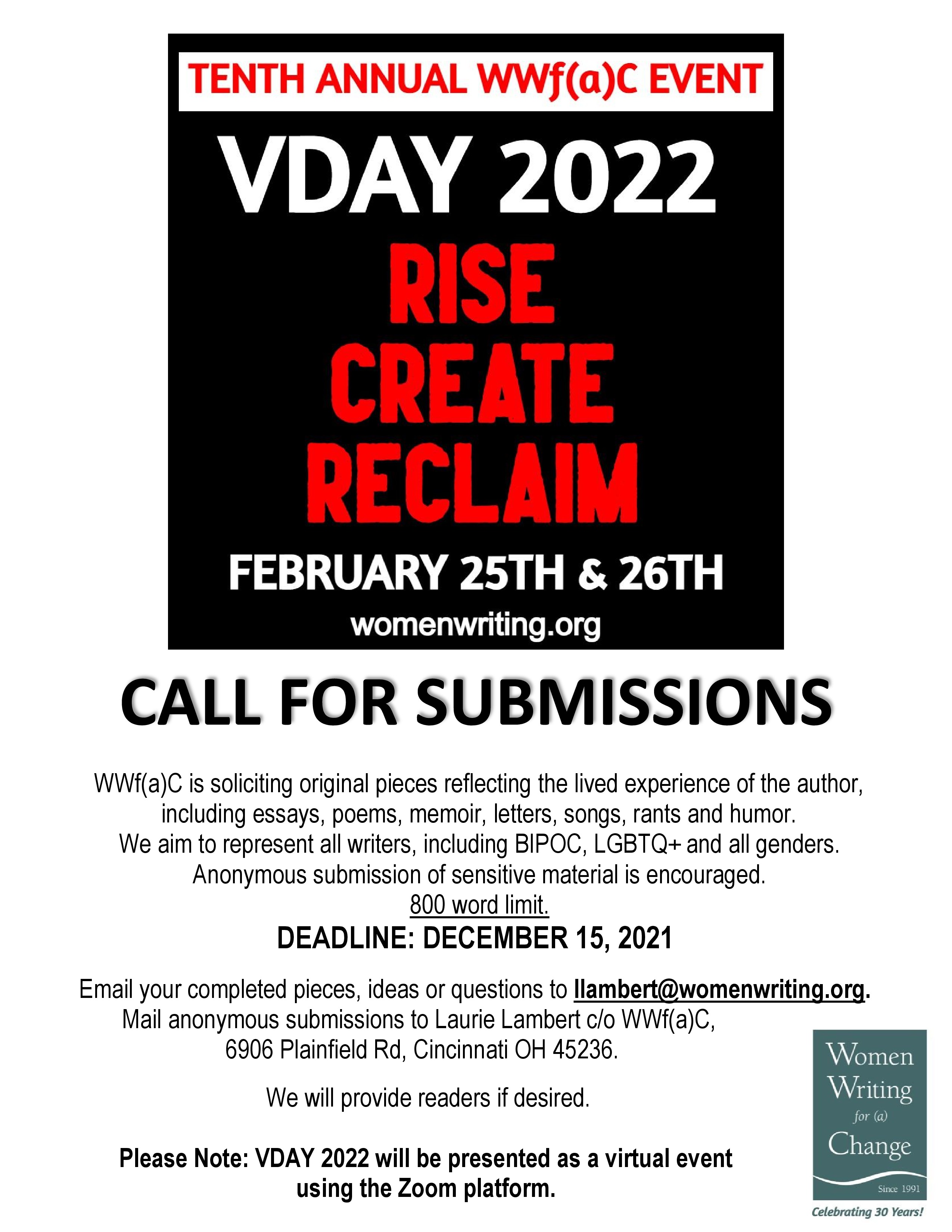 VDAY 2022 Call for Submission Flyer-Event Now Virtual